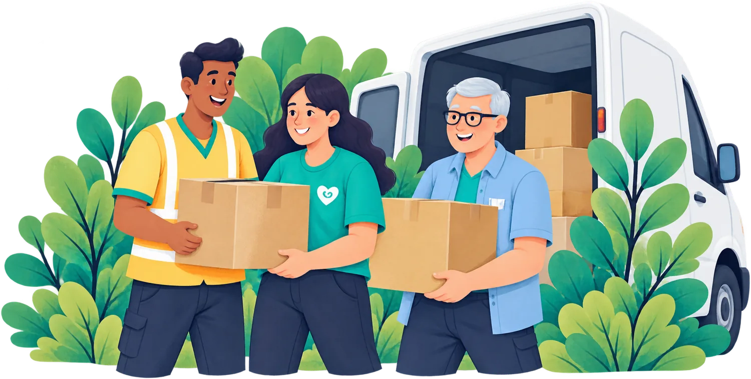 Three volunteers carrying boxes beside a van