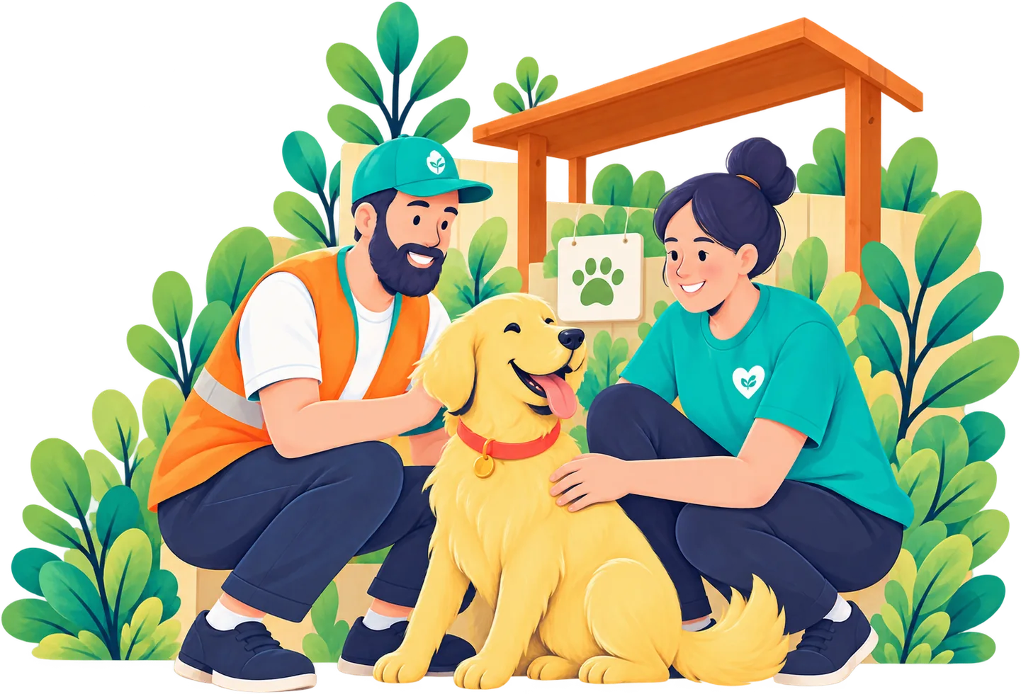 A volunteer and a charity worker with a golden retriever outside an animal shelter