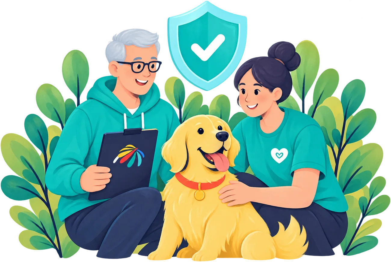Two volunteers and a golden retriever, with a shield and a tick